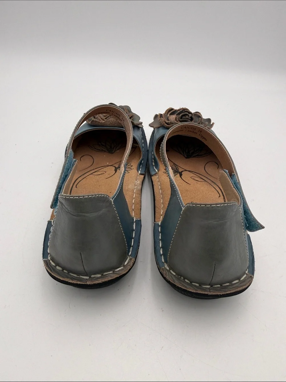 Spring Step Blue Leather Mary Jane Flats women 7 Gray Strap Floral Applique Y2K